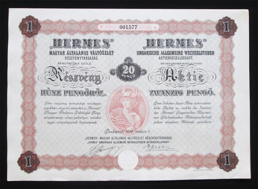 Hermes Magyar ltalnos Vltzlet rszvny 20 peng 1926